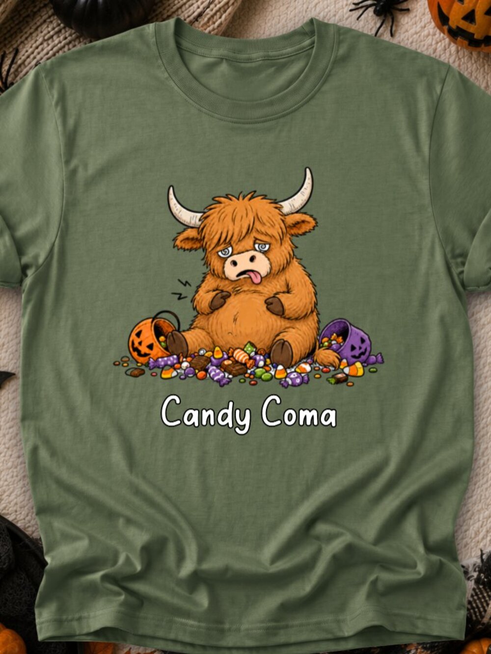 Halloween Highland Cow TShirt Graphic Tee Adult Unisex Candy Coma Trick Treat